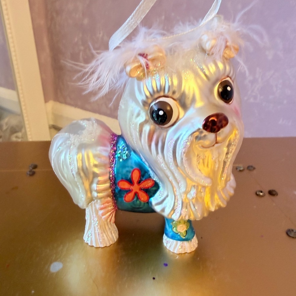 Hand Blown Dog Lasso Apso with a blue Dress & White Hair Bows Holiday